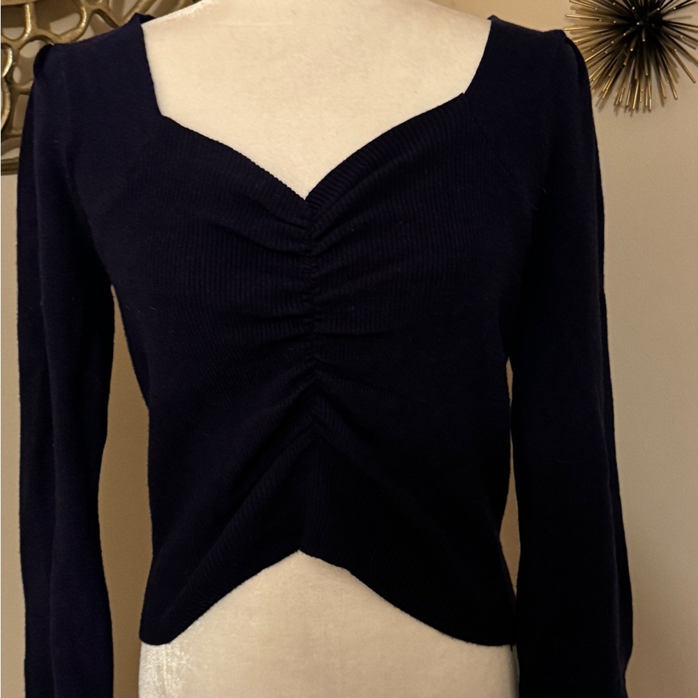 Blue Crop Ruched Ribbed Knit Sweater - Picture 9 of 10